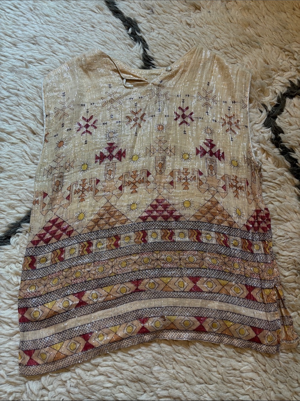 Embroidered Cream Boho Sleeveless Blouse with Red & Yellow Motif - Picture 7 of 16